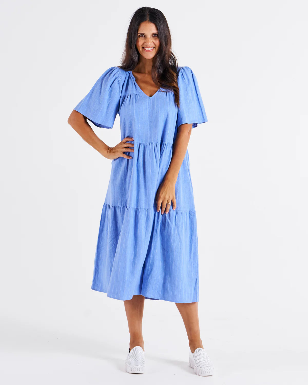 Regina Linen Midi Dress - Berry Blue Stripe