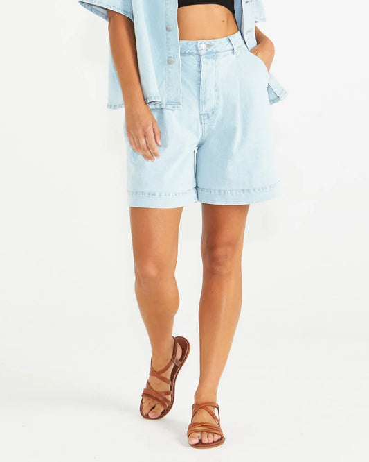 KATRINA LONG DENIM SHORTS - LIGHT BLUE SNOW WASH