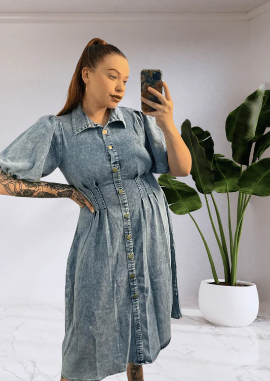 Candice Puff Sleeve Denim Midi Dress - Light Denim