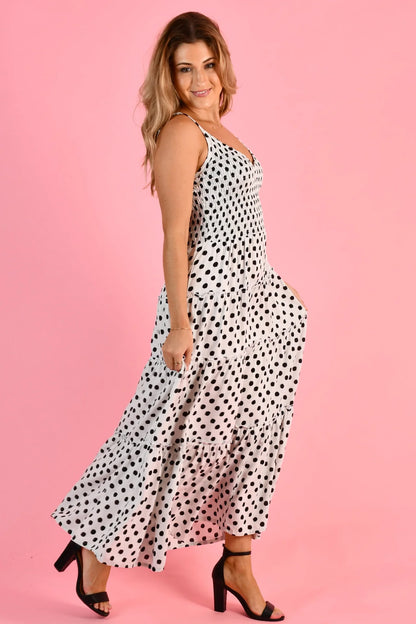 Jolene Shirred Bust Maxi Dress - Polka Dot Black