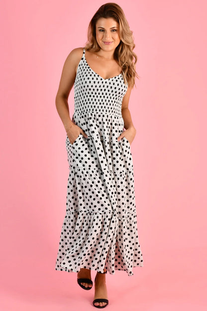 Jolene Shirred Bust Maxi Dress - Polka Dot Black