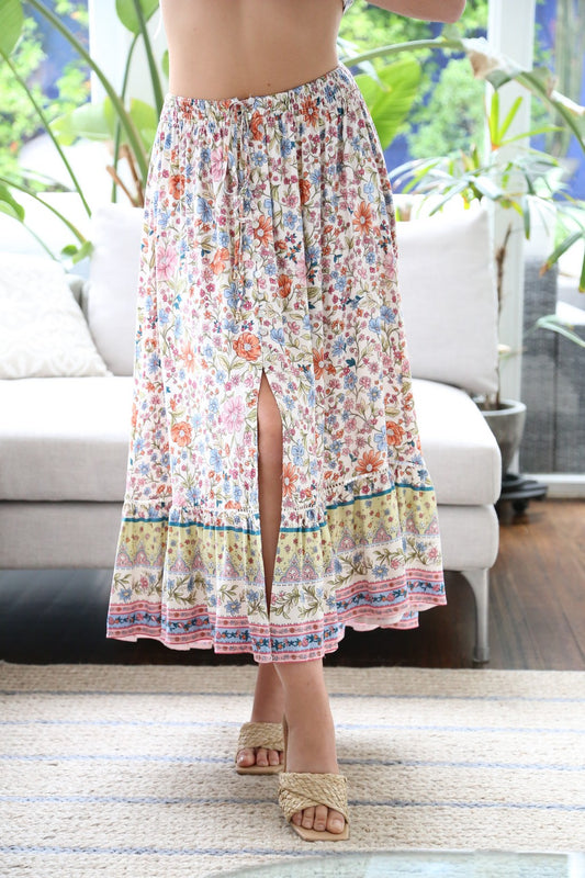 Shae Boho Button Front Midi Skirt - Pink Floral