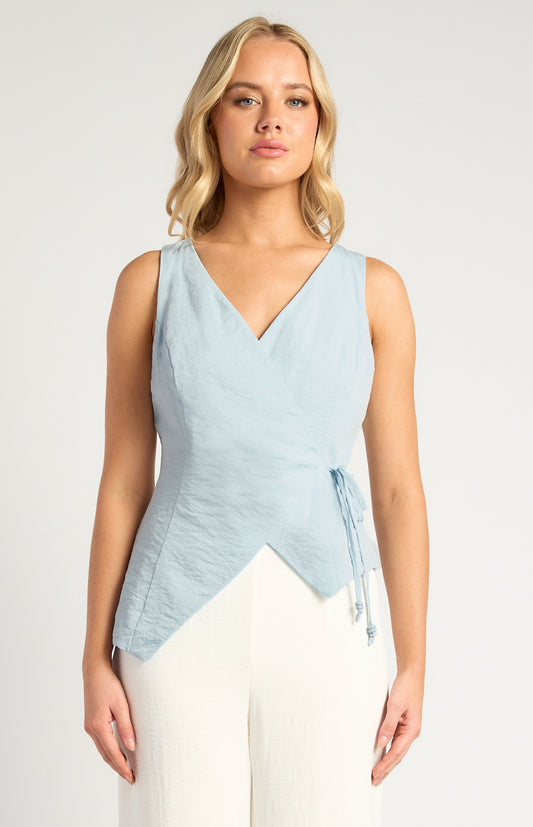 Textured Fabric Wrap Top With Beaded Toggles Shirt - Pale Blue