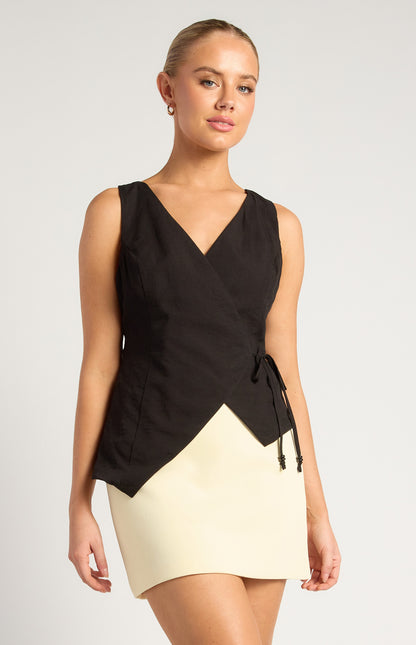Textured Fabric Wrap Top With Beaded Toggles Shirt - Black