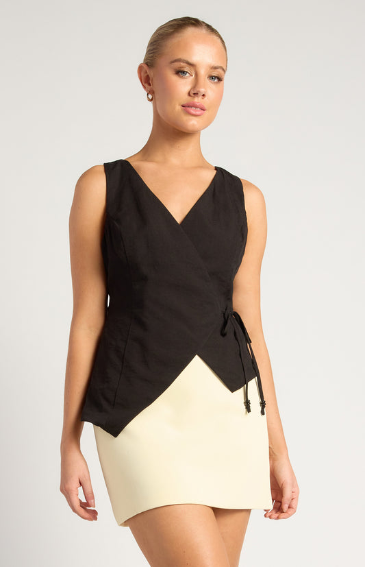 Textured Fabric Wrap Top With Beaded Toggles Shirt - Black