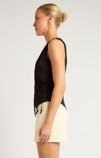 Textured Fabric Wrap Top With Beaded Toggles Shirt - Black