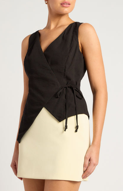 Textured Fabric Wrap Top With Beaded Toggles Shirt - Black