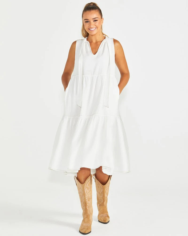 SEVILLE TIERED MIDI DRESS - WHITE