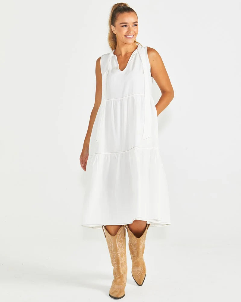 SEVILLE TIERED MIDI DRESS - WHITE