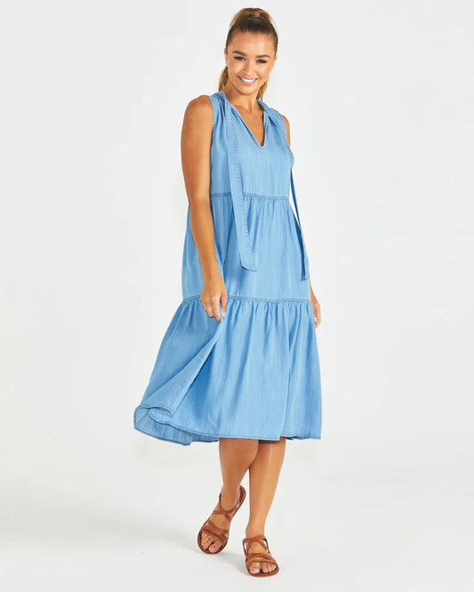 SEVILLE TIERED MIDI DRESS - CHAMBRAY