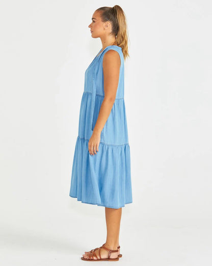 SEVILLE TIERED MIDI DRESS - CHAMBRAY