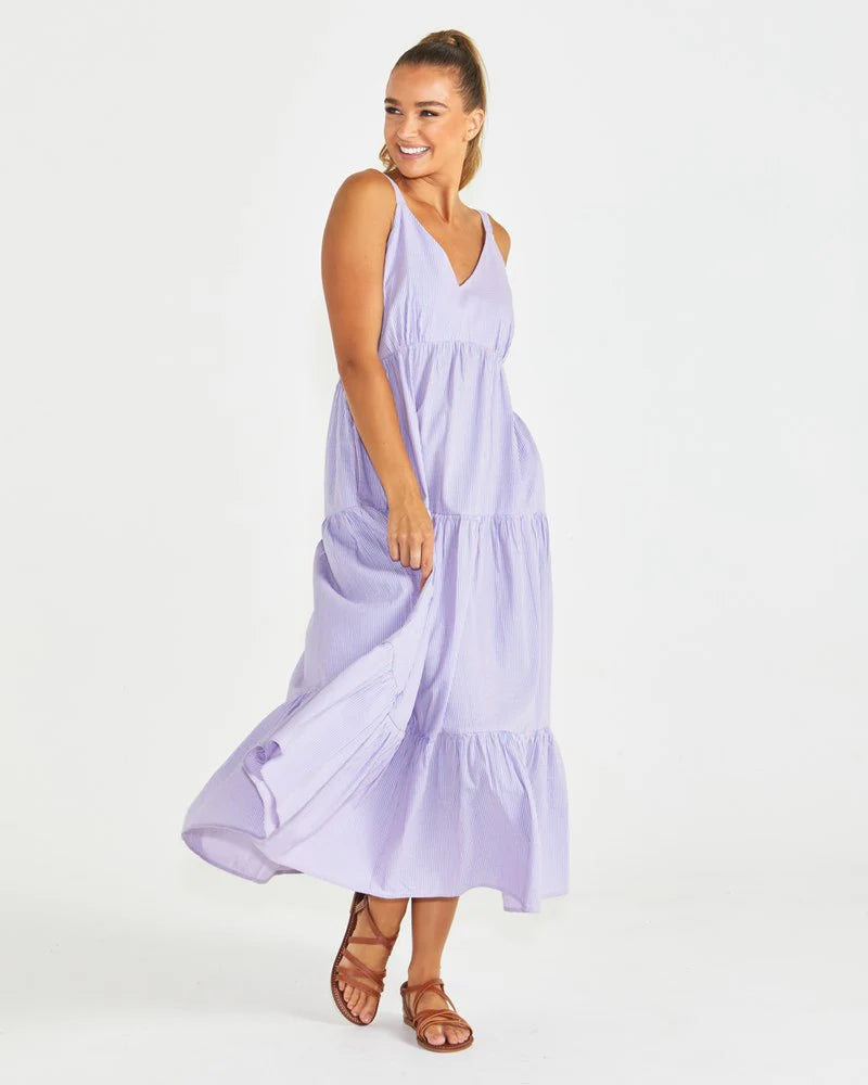 PHILLIPA TIERED MAXI DRESS - BLUE/PINK STRIPE