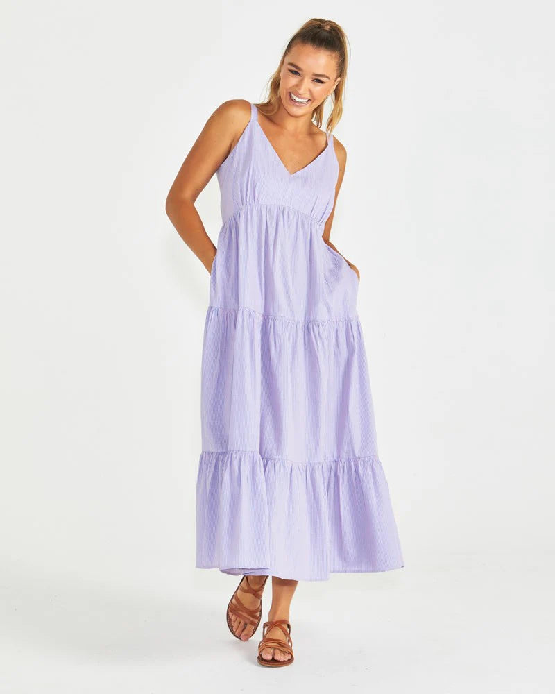 PHILLIPA TIERED MAXI DRESS - BLUE/PINK STRIPE