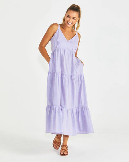 PHILLIPA TIERED MAXI DRESS - BLUE/PINK STRIPE