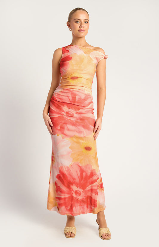 Floral Print Asymmetric Neckline Tissue Jersey Maxi Dress - Coral Yellow