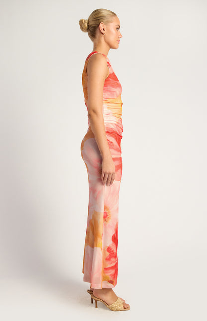 Floral Print Asymmetric Neckline Tissue Jersey Maxi Dress - Coral Yellow