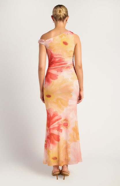 Floral Print Asymmetric Neckline Tissue Jersey Maxi Dress - Coral Yellow