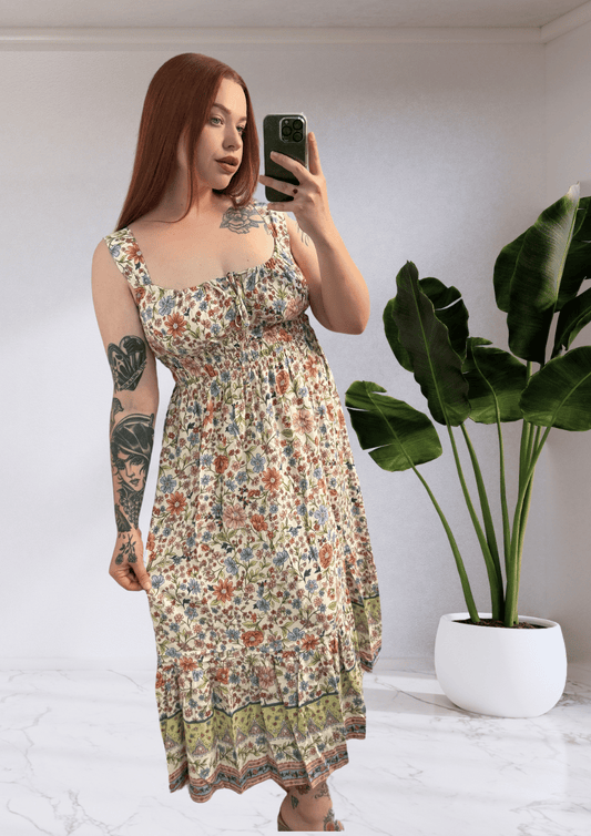 Penny Tie Bust Midi Dress - Pink Floral