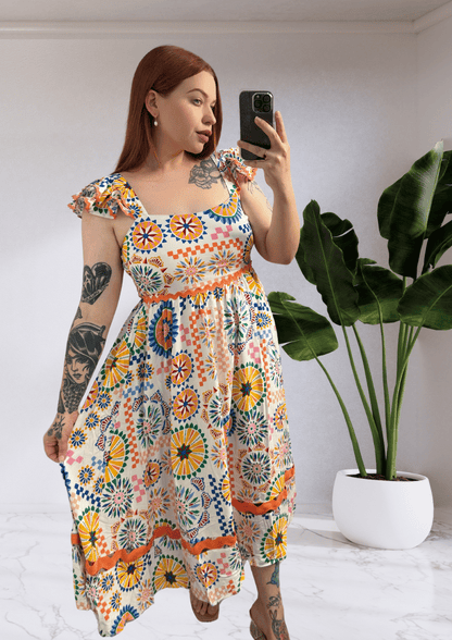 Kiani Ric Rac Midi Dress - Orange Kaleidoscope