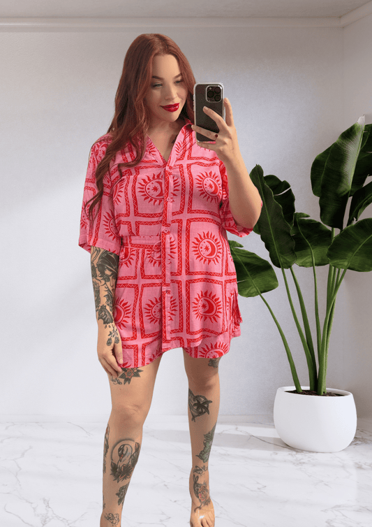 ARIA MATCHING SHIRT & SHORTS SET - SUNBURST RED PRINT