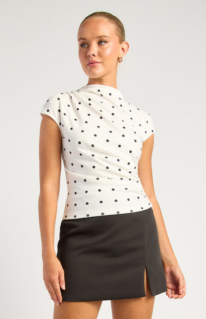Polkadot Print Stretch Jersey Top - White