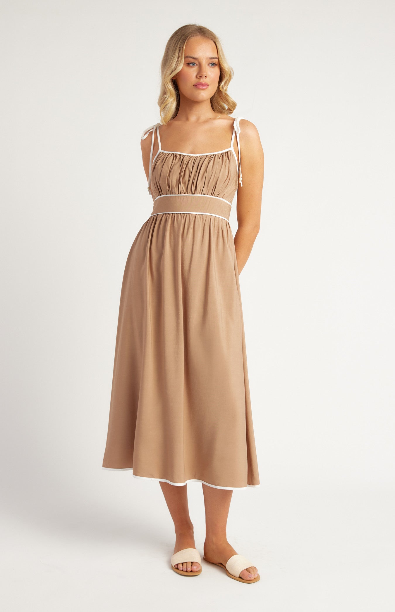 Alysia Shoulder Tie Midi Dress - Brown