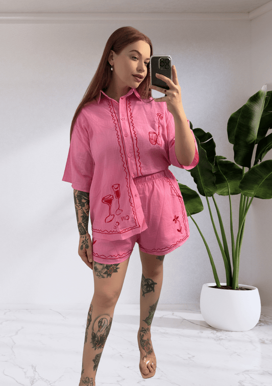 Taya By Frankie Matching Shirt & Shorts Set - Cin Cin Pink Red