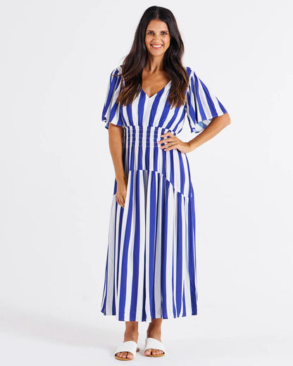 Louisa V-Neck Maxi Dress - Blue Stripe