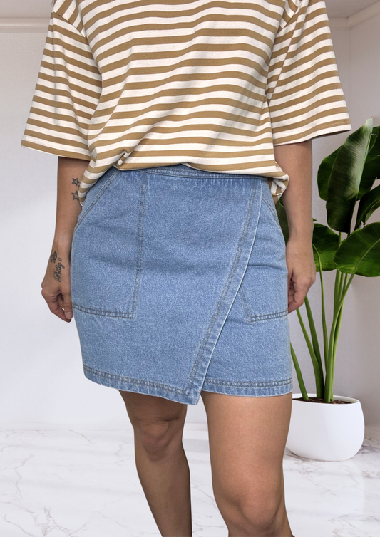 Cara Wrap Denim Mini Skirt - Blue