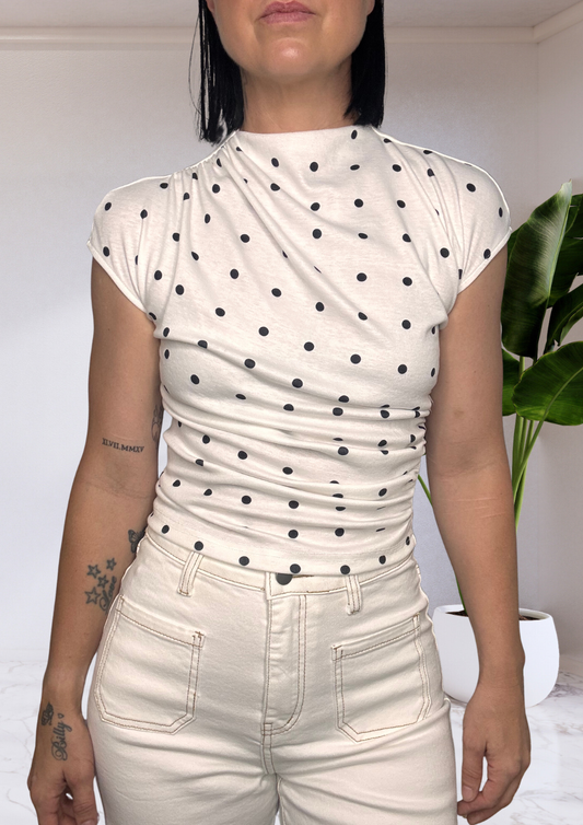 Polkadot Print Stretch Jersey Top - White