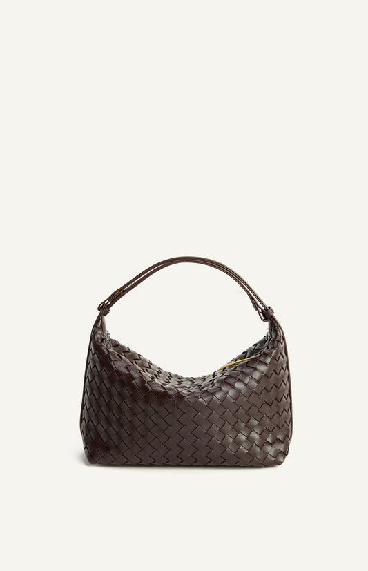 Woven Vegan Leather Adjustable Shoulder Bag with Gold Hardware and Rivets