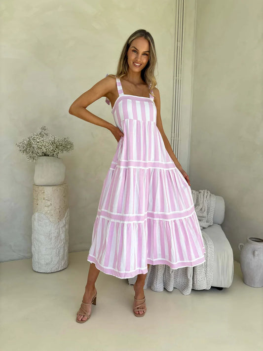 Cleo Tripe Shoulder Tie Maxi Dress - Light Orchid