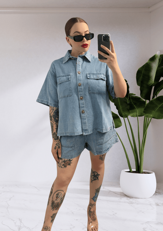 Leah By Frankie Matching Shirt & Shorts Set - Light Blue Denim