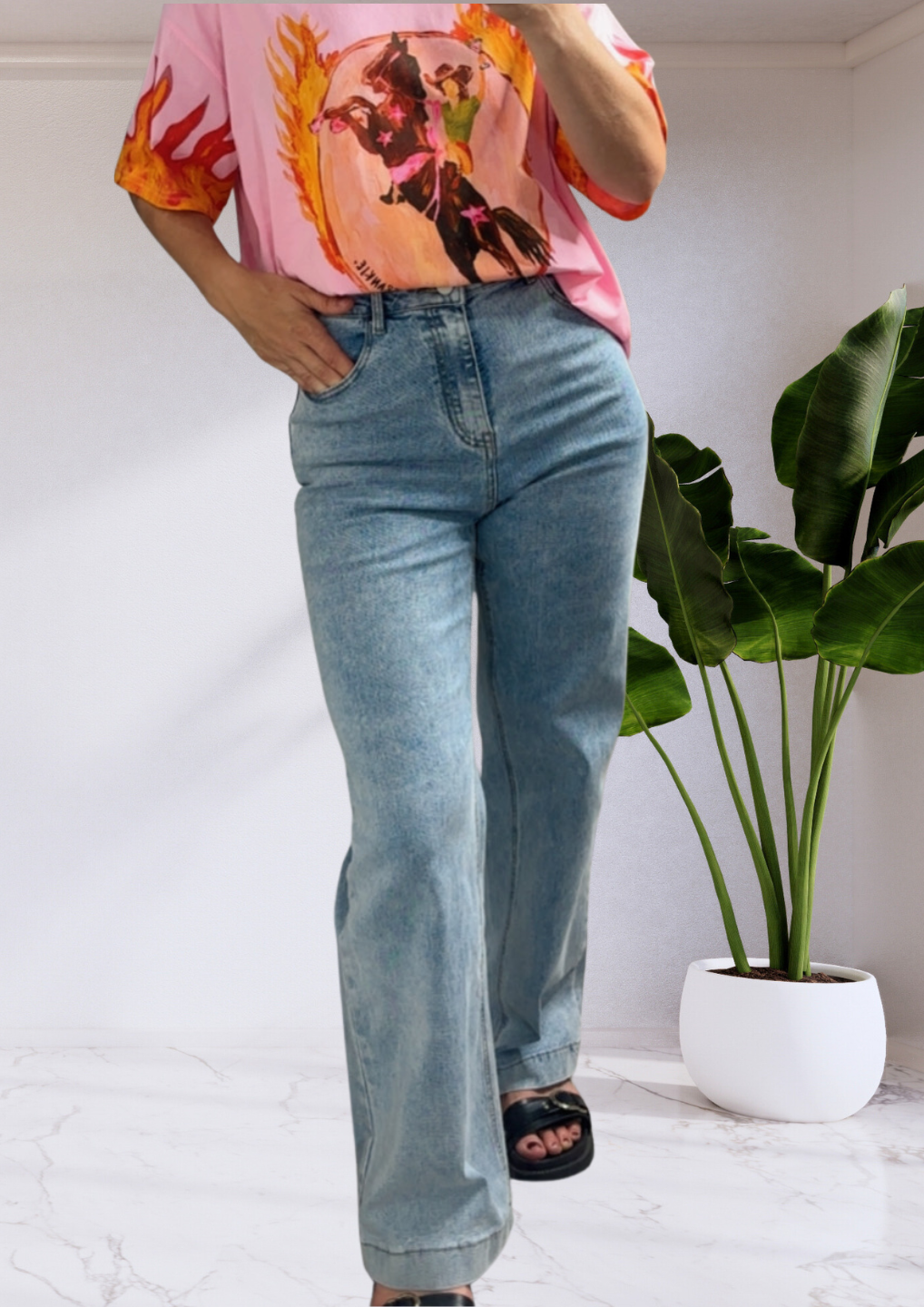 Kylie High Waisted Wide Leg Denim Jeans - Light Blue