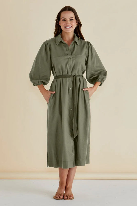 Angelina Button Up Midi Dress - Olive Green