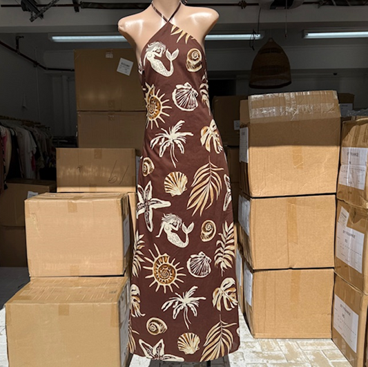 Ariel Halter Maxi Dress - Brown Mermaid Palm