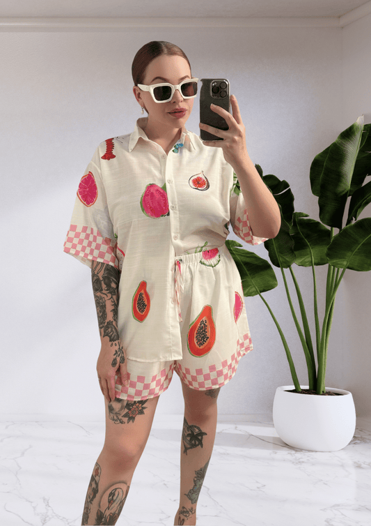 Taya By Frankie Matching Shirt & Shorts Set - White Tutti Frutti