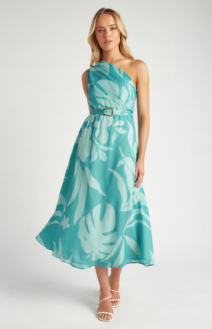 Hannah Floral Chiffon One Shoulder Belted Midi Dress - Teal