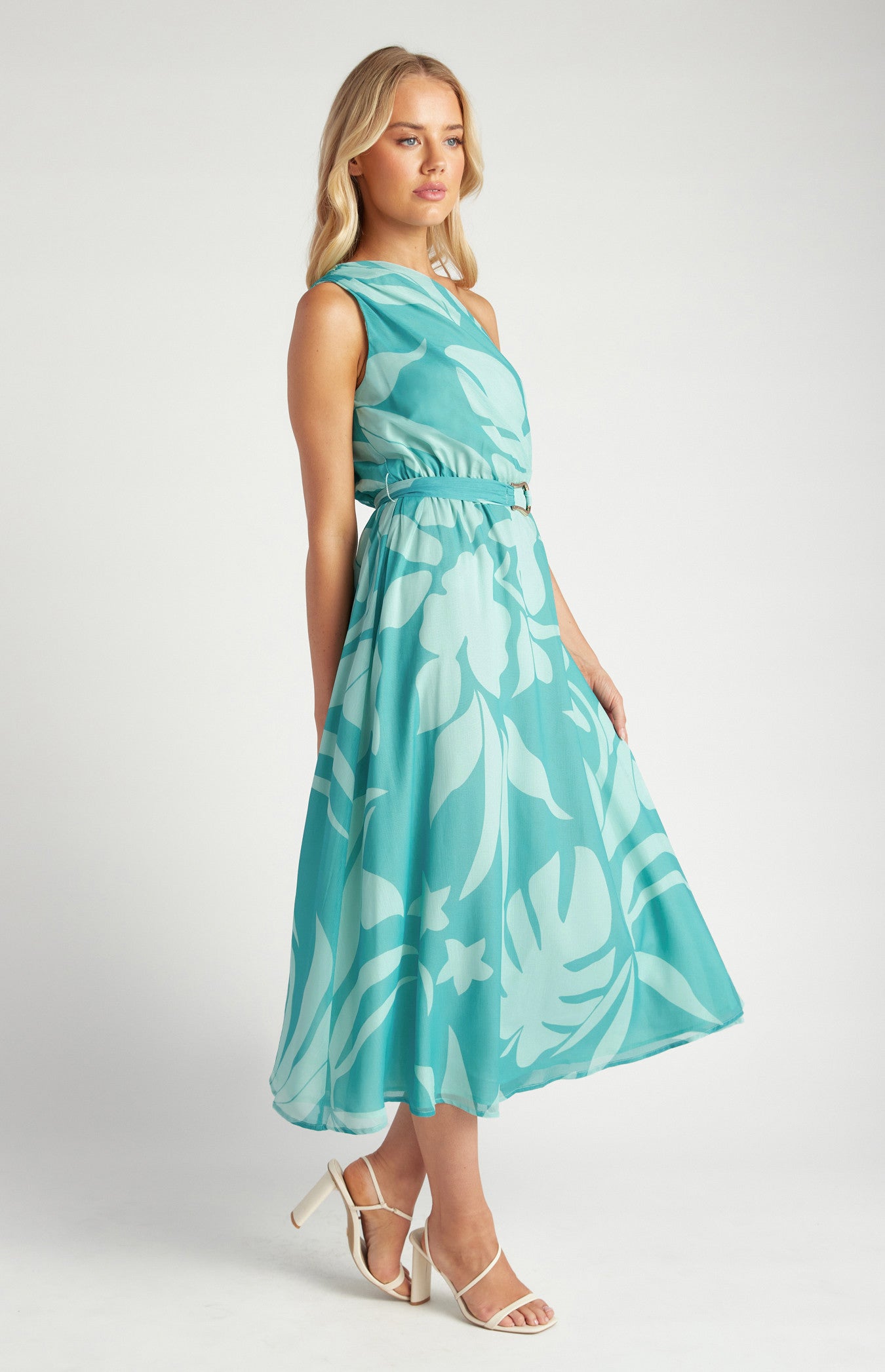 Hannah Floral Chiffon One Shoulder Belted Midi Dress - Teal