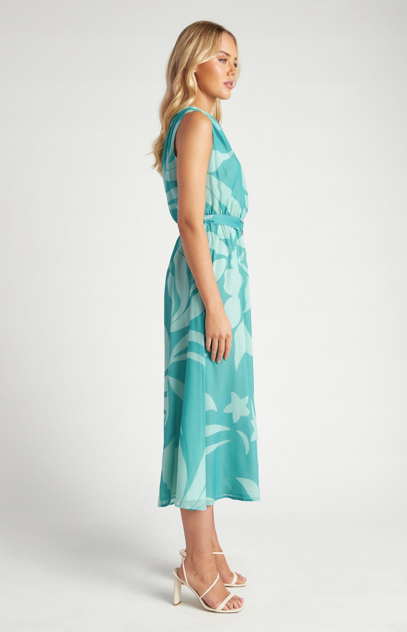 Hannah Floral Chiffon One Shoulder Belted Midi Dress - Teal