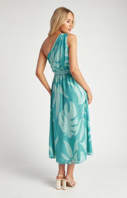 Hannah Floral Chiffon One Shoulder Belted Midi Dress - Teal