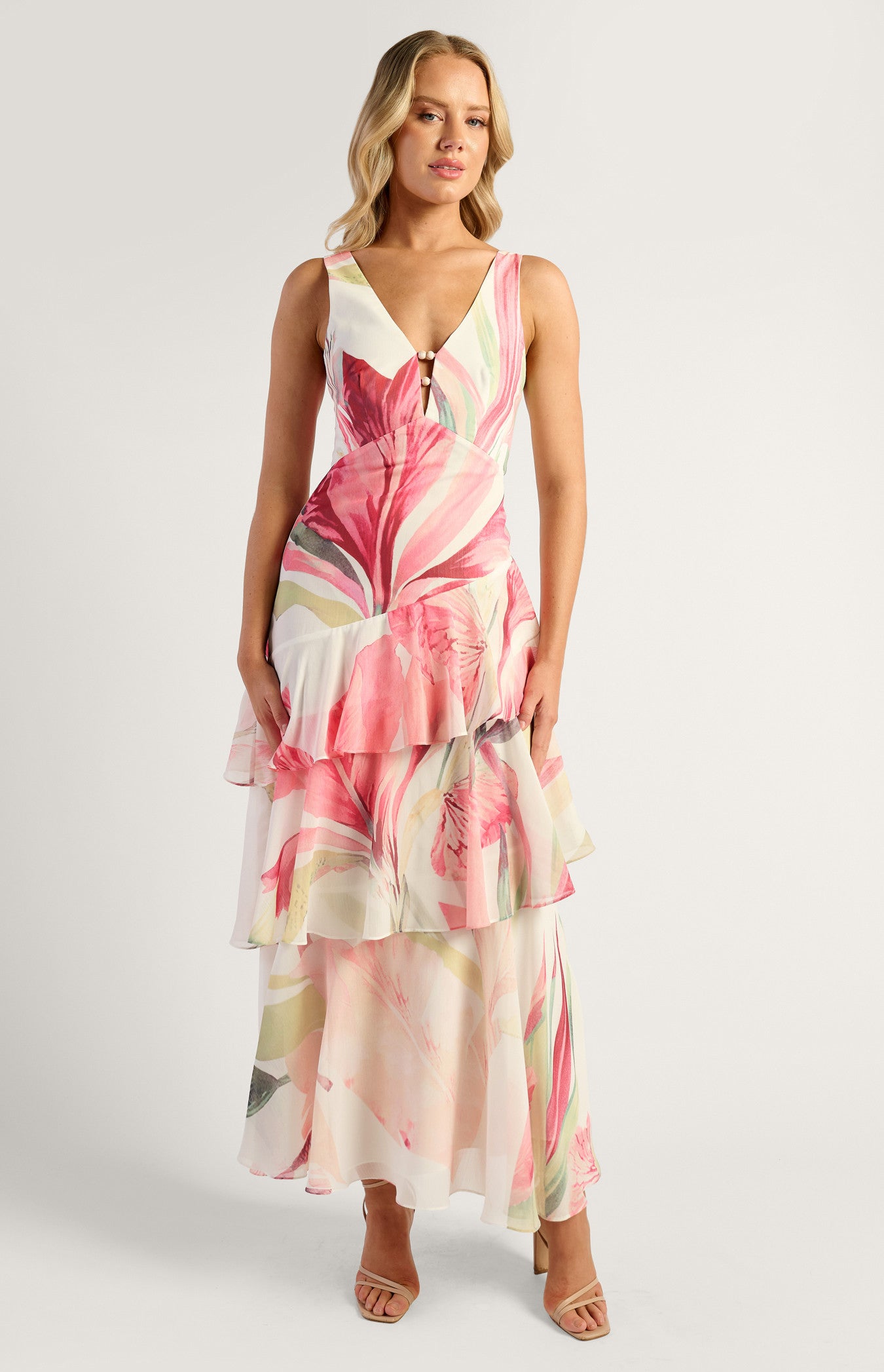 Oasis Floral Marble Beaded Keyhole Neckline Tiered Hem Maxi Dress