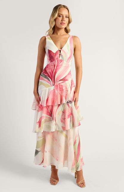 Oasis Floral Marble Beaded Keyhole Neckline Tiered Hem Maxi Dress