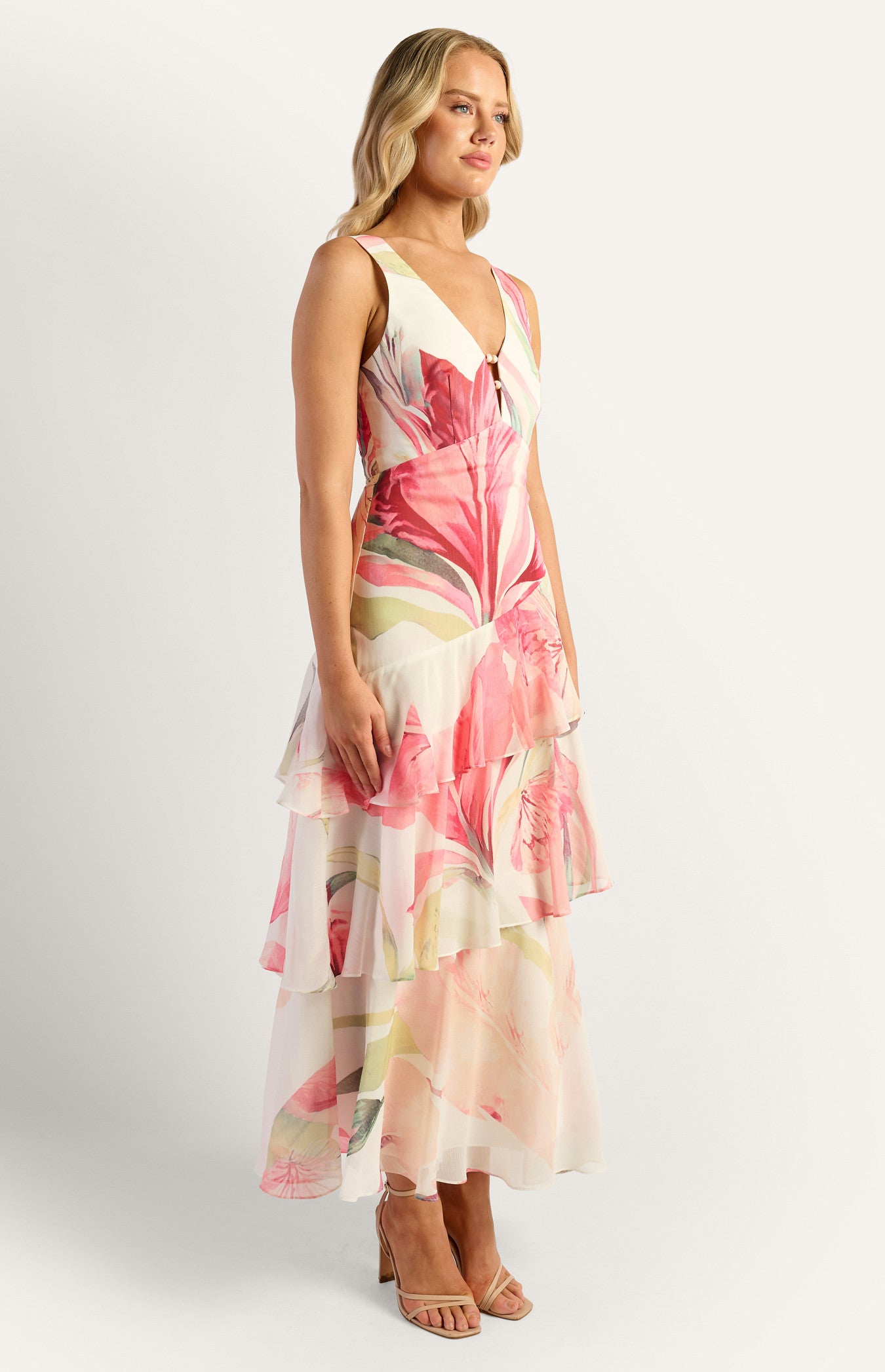Oasis Floral Marble Beaded Keyhole Neckline Tiered Hem Maxi Dress
