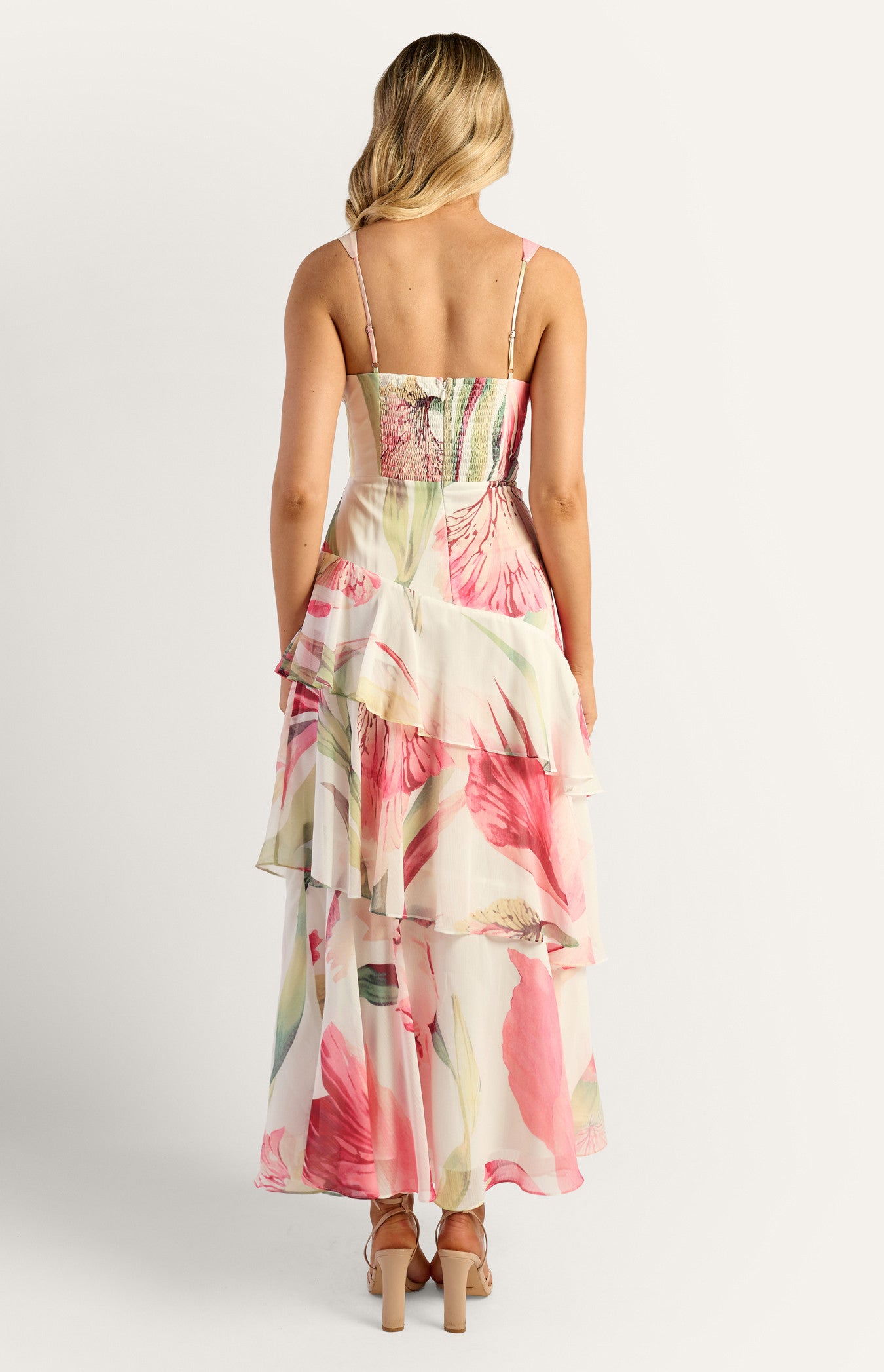 Oasis Floral Marble Beaded Keyhole Neckline Tiered Hem Maxi Dress