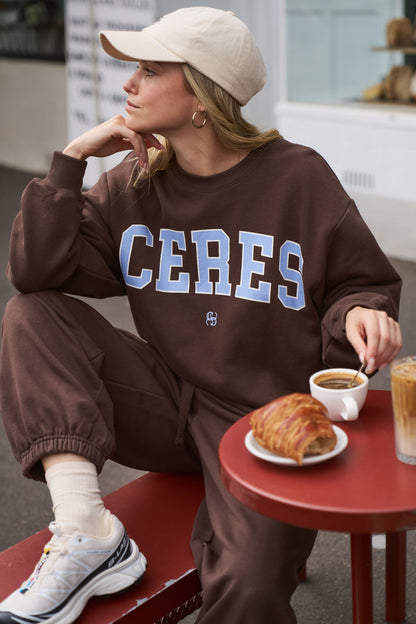 Isla Oversized Slouchy Crew - Brown Heritage Logo