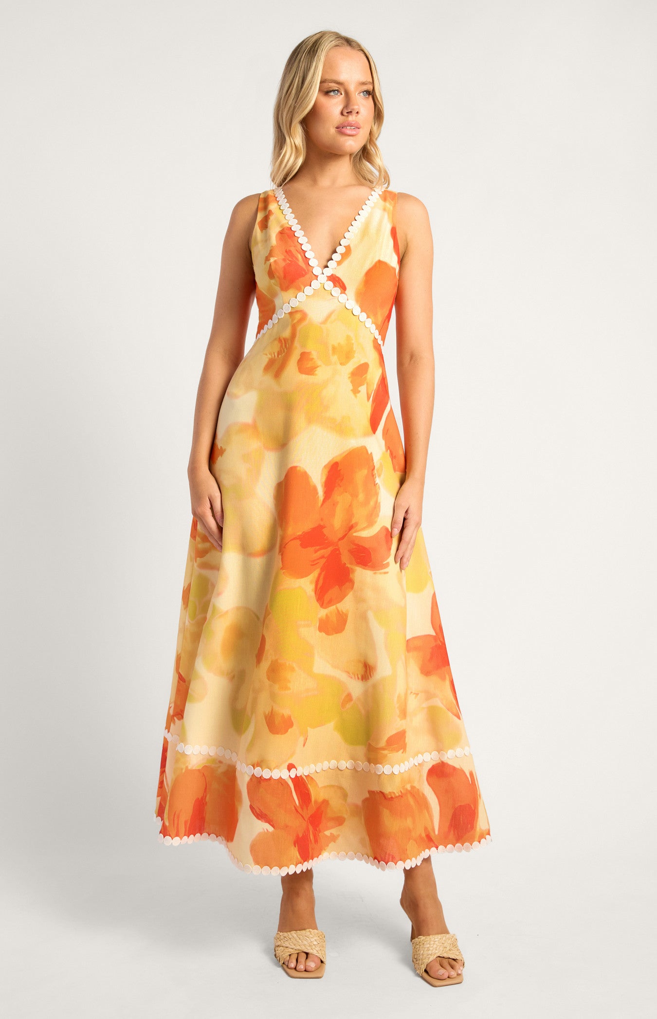 Island Floral Trim Detailing Faux Linen Maxi Dress - Yellow Orange