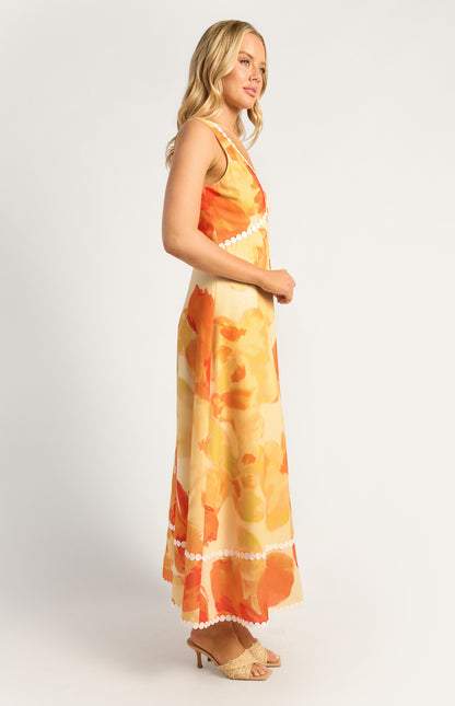 Island Floral Trim Detailing Faux Linen Maxi Dress - Yellow Orange