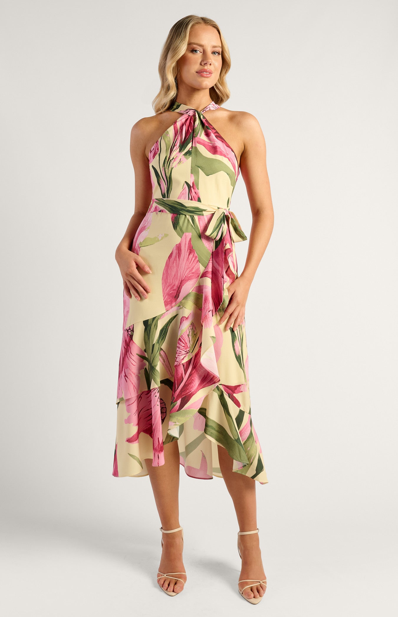 Tara Floral Print Halter Dress With Waterfall Hem - Oasis Lemon