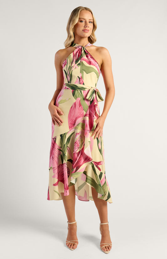 Tara Floral Print Halter Dress With Waterfall Hem - Oasis Lemon